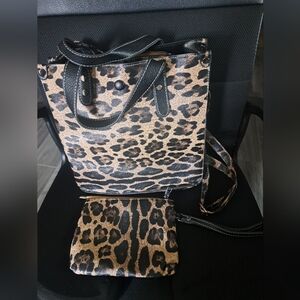 Leopard print crossbody bag purse wristlet pouch brown black removable strap